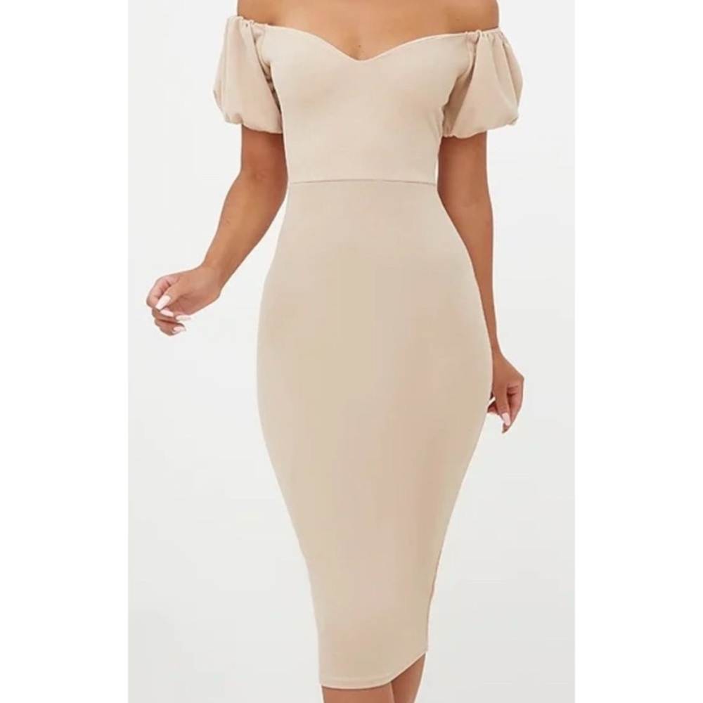 NWT Pretty little thing stone balloon sleeve Bardot midi dress